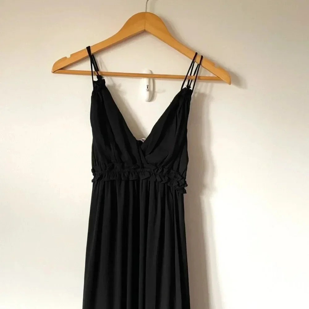 Abercrombie & Fitch Floaty Femme Ruffle V Neck Maxi Dress Black Sz XS